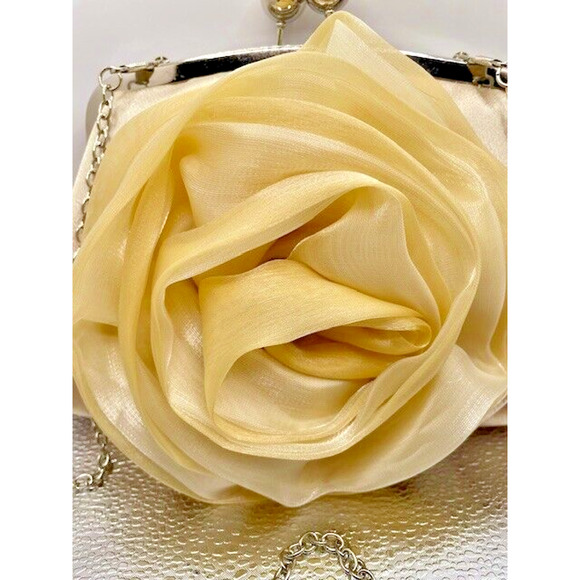 Women Rose Evening Cross-body Handbag Metal Top-handle Chain Strap 6" x9" - Picture 2 of 9